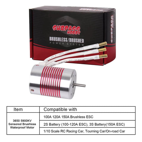 1/10 Scale RC On-Road Car Brushless Motor 3650 5900KV Waterproof 3.175mm Shaft with packaging and compatible info chart