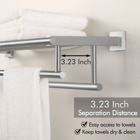 Rustproof Double Towel Rack With 23.3 Inch Wall Mount Shelf in SUS304 Stainless Steel Brushed Finish, shown with towels