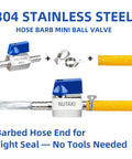 Two Pack Three Eighths Inch Barb Ball Valve Inline Shut Off Valve In Marine Grade 304 Stainless Steel for fuel, diesel, water, air. Shown with hose clamps and attached hoses.