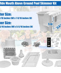 Wide Mouth Through Wall Skimmer Kit for Above Ground Pools with installation parts and size details displayed.