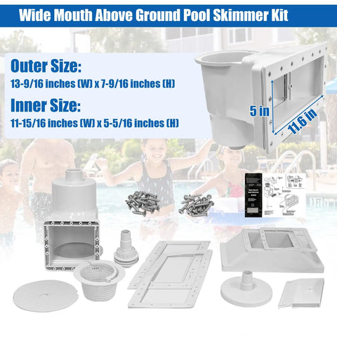 Wide Mouth Through Wall Skimmer Kit for Above Ground Pools with installation parts and size details displayed.