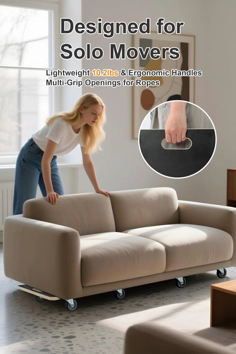 Woman using Total 1100 Pound Capacity Heavy Duty Moving Dollies Two Pack with sofa on plywood platform and TPR wheels in living room.