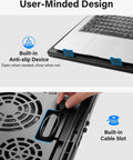 User design features of Whisper Quiet Laptop Cooling Pad With Five Fans For 12 To 17 Inch Laptops And Notebooks Beastly Cool Gaming Cooler With Height Adjustable Stand USB Powered Low Noise Laptop Cooler Blue with anti-slip device and cable slot.