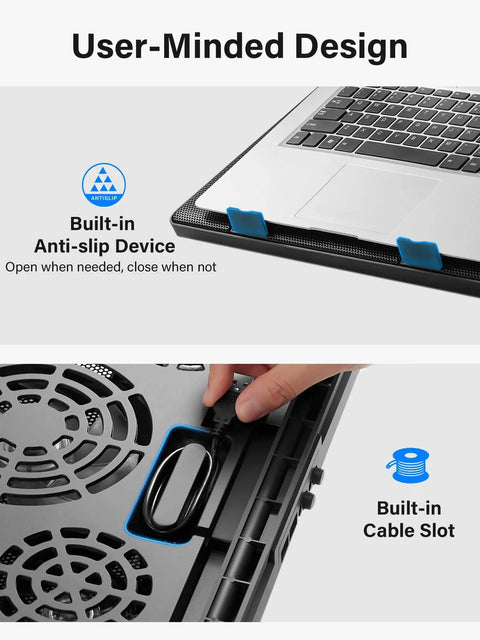 User design features of Whisper Quiet Laptop Cooling Pad With Five Fans For 12 To 17 Inch Laptops And Notebooks Beastly Cool Gaming Cooler With Height Adjustable Stand USB Powered Low Noise Laptop Cooler Blue with anti-slip device and cable slot.