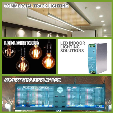 Industrial Grade 120W 12V 10A Din Rail Power Supply Packing Badass Stability And Top Shelf Efficiency For No Nonsense Plc Control Units Running Smooth in a display of commercial track lighting and LED bulbs.