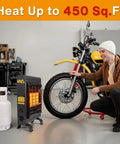 18,000 BTU Propane Patio Heater For Indoor And Outdoor Use With ODS And Tip Over Protection near motorcycle in garage