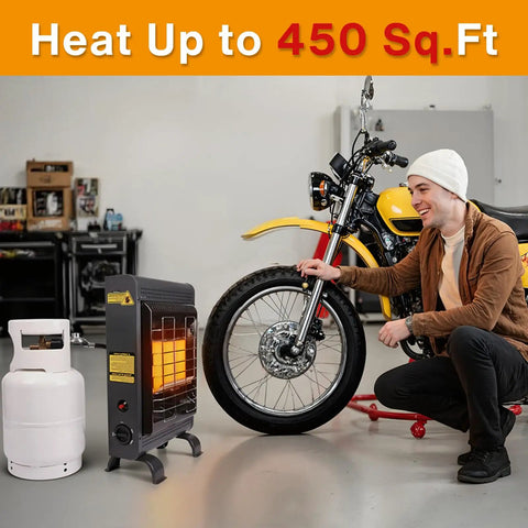 18,000 BTU Propane Patio Heater For Indoor And Outdoor Use With ODS And Tip Over Protection near motorcycle in garage