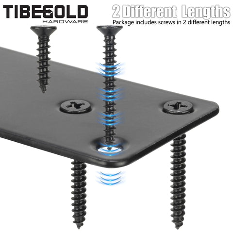 Hella Strong Black Steel Mending Plates For Patching Wood Furniture And Fence Repair This Badass Double Wide Brace Bracket Set with screws shown.