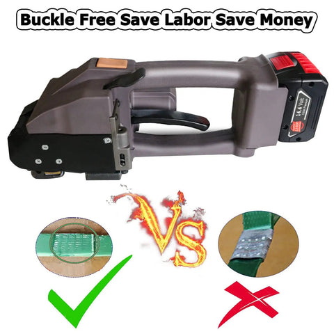 Badass Rechargeable Electric Strapping Machine With Automatic Hot Melt Welder For PP PET Bands Up To Ten Inches side view with handle