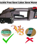 Heavy Duty Handheld Electric Strapping Machine With Rechargeable Battery for Smooth PP and PET Tape Binding, side view, ergonomic design.