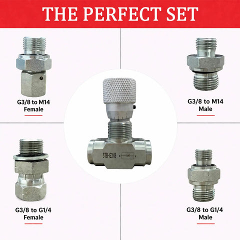 Hydraulic Flow Control Valve Set For 1-2 Ton Mini Excavators, 5-Piece Kit With Three Eighths Inch L08 Thread, M14 Fittings And Seals, 40MPa Bidirectional Flow Restrictor, Replacement Part For Precise Hydraulic Oil Regulation For Your Digger