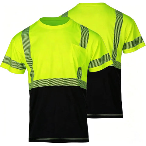 Men High Visibility Safety Tee Featuring Heat Bonded Reflective Strips Short Sleeve Work Shirt Lightweight Breathable Polyester with chest pocket