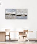 Two Piece Earth Tone Canvas Art Set In White Frames Hand Stretched Over Pine Wood Inner Frames 30 By 30 Inches Each
