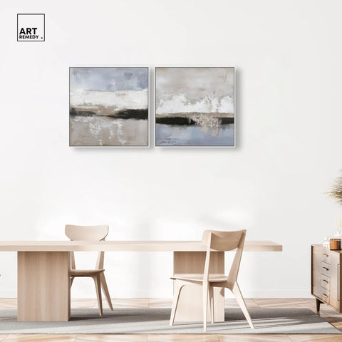 Two Piece Earth Tone Canvas Art Set In White Frames Hand Stretched Over Pine Wood Inner Frames 30 By 30 Inches Each