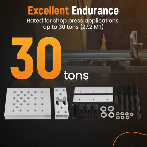 Universal Drill Press Support Plate Tool Set For 30 Ton Workshop Presses with Locator Plates displayed with components