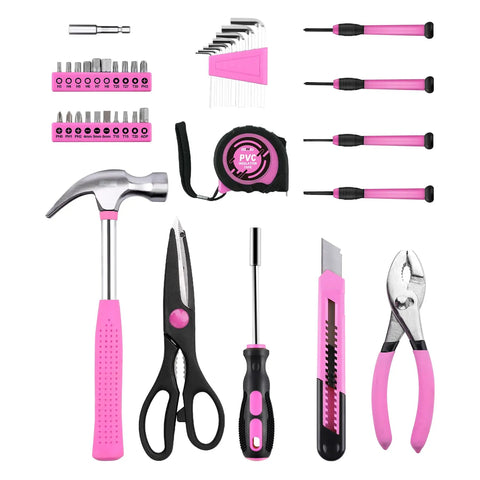 40 Piece Pink Home Tool Set With Plastic Toolbox Storage Case for Quick Home Repairs, Easy Furniture Assembly, Picture Hanging