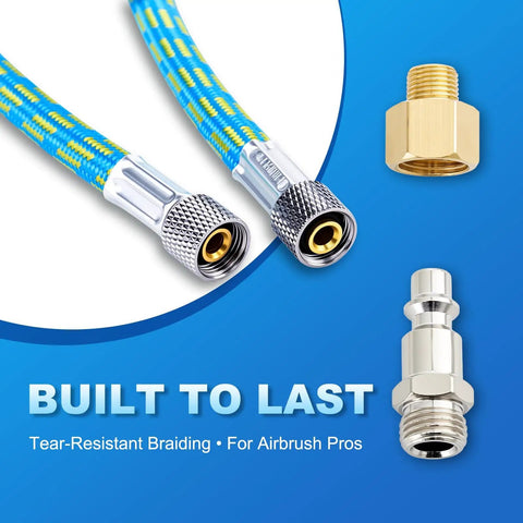 Premium Pro Grade 10 Foot Braided Airbrush Hose With US Quick Connect And One Eighth To One Quarter Inch Adapter close-up view.