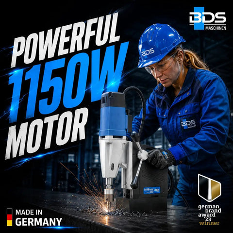 Heavy Duty Magnetic Core Drilling Machine For Steel Fabrication With A Precise Forty Five Millimeter Cut Depth in use on steel.