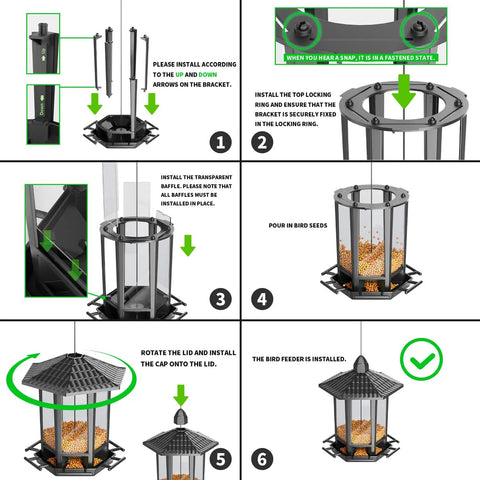 Two Pack Outdoor Hanging Bird Feeders With Retro Pagoda Design, Easy One Minute Assembly, step-by-step installation guide.