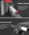 Close-up of 21V Brushless Cordless Angle Grinder With 3 Speed Settings And 180 Degree Swivel Head showing battery display and auxiliary handle.