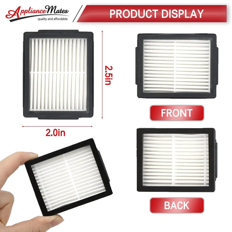 Must Have 12 Pack Roomba HEPA Filters Replacement For E I J Series With Brush, showing front and back views with dimensions.