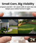 Wireless Outdoor Security Cameras 2K HD With Color Night Vision Long Battery Life Spotlight And Siren Alarm Motion Detection No Subscription Required 2 Cam Kit Expandable To 4 And More displayed on smartphone, showing detailed 2K footage of a house and garden.