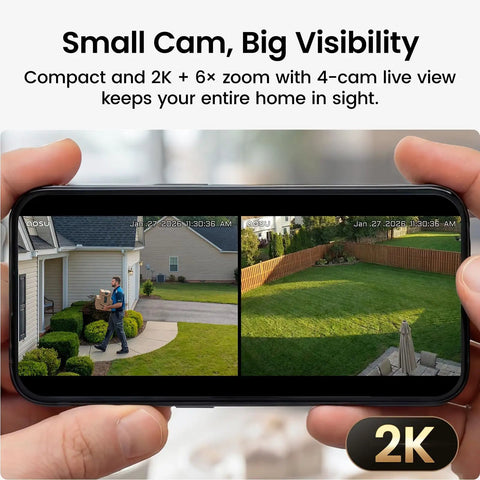 Wireless Outdoor Security Cameras 2K HD With Color Night Vision Long Battery Life Spotlight And Siren Alarm Motion Detection No Subscription Required 2 Cam Kit Expandable To 4 And More displayed on smartphone, showing detailed 2K footage of a house and garden.