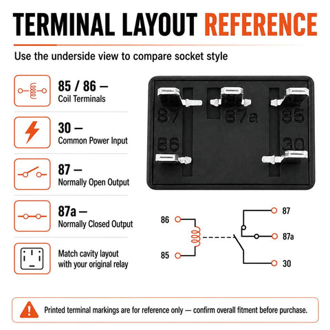 Terminal layout reference for 12V DC 30A 5-Pin SPDT Relay For Watercraft, Plug-N-Play PWC Main Power And Accessory Relay Position