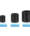 Heavy Duty Black Cast Iron Female Threaded Three Quarter Inch Pipe Couplings 10 Pack For DIY Shelving Decor And Furniture Projects Steam Punk Style For Home Projects, shown in three size comparisons.