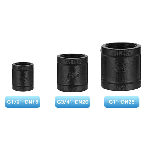 Heavy Duty Black Cast Iron Female Threaded Three Quarter Inch Pipe Couplings 10 Pack For DIY Shelving Decor And Furniture Projects Steam Punk Style For Home Projects, shown in three size comparisons.