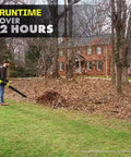 Badass 40V Cordless Backpack Leaf Blower With Brushless Motor in action clearing leaves in yard, showing over 2 hours runtime.