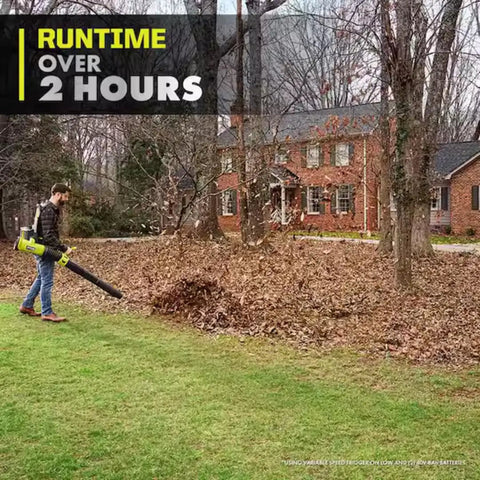 Badass 40V Cordless Backpack Leaf Blower With Brushless Motor in action clearing leaves in yard, showing over 2 hours runtime.