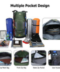 60L Waterproof Hiking Backpack With Rain Cover Heavy Duty Nylon Daypack Rucksack showing multiple pocket design with gear