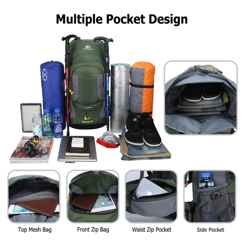 60L Waterproof Hiking Backpack With Rain Cover Heavy Duty Nylon Daypack Rucksack showing multiple pocket design with gear