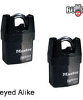 Two High Security Pro Series Padlocks With Four Keys Keyed Alike Laminated Steel Body Hardened Boron Shackle And Iron Shroud Five Pin Tumbler Beefy Lock Security, showing front view with logo and keyed alike marking.