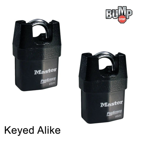 Two High Security Pro Series Padlocks With Four Keys Keyed Alike Laminated Steel Body Hardened Boron Shackle And Iron Shroud Five Pin Tumbler Beefy Lock Security, showing front view with logo and keyed alike marking.
