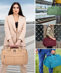 Under Seat Carry On Duffel Bag For Travel Lightweight Weekender Personal Item For Airplanes Fits Under Seat And Meets Personal Item Size Easy Access Tote For Men And Women Black in various colors held by models in travel settings.