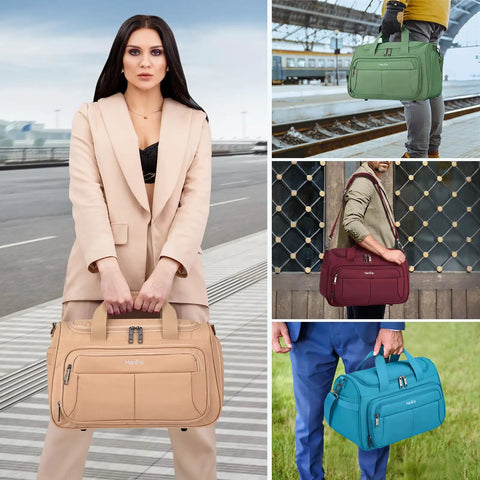 Under Seat Carry On Duffel Bag For Travel Lightweight Weekender Personal Item For Airplanes Fits Under Seat And Meets Personal Item Size Easy Access Tote For Men And Women Black in various colors held by models in travel settings.