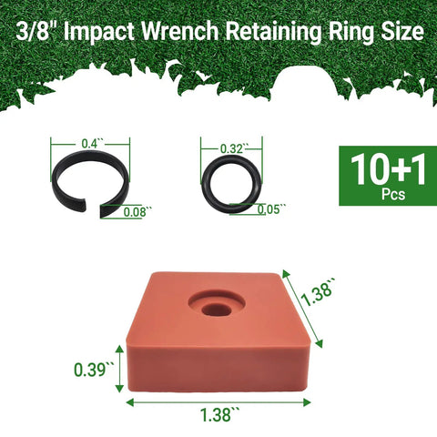 Top Shelf 3/8 Inch Impact Wrench Retaining Ring Clip Kit With Slick Anvil Installation Tool And Heavy Duty Rubber O Rings For Cordless Or Pneumatic Tools Keep It Running size chart with dimensions.