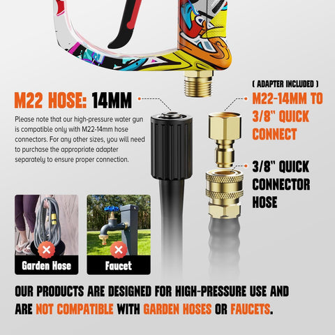 Beast Mode 4000 PSI Pressure Washer Gun connectors detail with M22 14mm and 3/8 inch quick connect adapter, not for garden hoses.