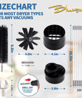 Size chart of 7 Piece 35 Ft Dryer Vent Cleaner Kit With Reinforced Nylon Brushes, Vacuum Attachment, and Rods.