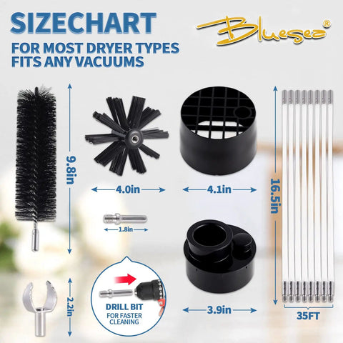 Size chart of 7 Piece 35 Ft Dryer Vent Cleaner Kit With Reinforced Nylon Brushes, Vacuum Attachment, and Rods.