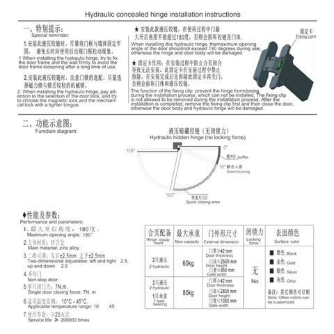 Hidden Hydraulic Hinge Bearing For Doors 80KG Capacity Two Dimensional Adjustable Hinge installation instructions