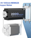 Close-up of 3.1N-100mm NEMA23 stepper motor attached to CNC frame, rated 2000mm/min max speed, part of ProVerXL 6050 Plus CNC Router.