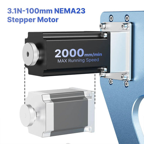 Close-up of 3.1N-100mm NEMA23 stepper motor attached to CNC frame, rated 2000mm/min max speed, part of ProVerXL 6050 Plus CNC Router.