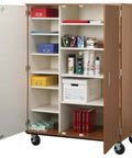 Top Shelf 67 Inch Tall Storage Cabinet With Secure Lock Rolling Mobile Shelving Unit For Home Office organization with open doors and shelves.