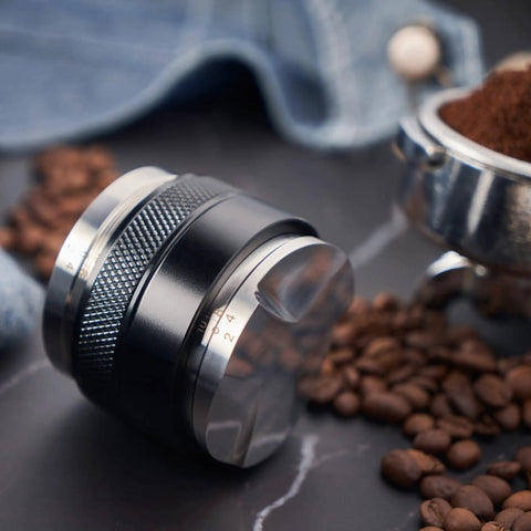58mm Espresso Tamper And Leveler With Height Indicator, Adjustable Depth Distributor, black with coffee beans, on table