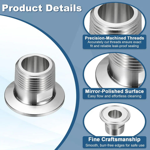 Hella Reliable 304 Stainless Steel Tri Clamp To Npt Male Thread Adapter with mirror-polished surface and precision threads.