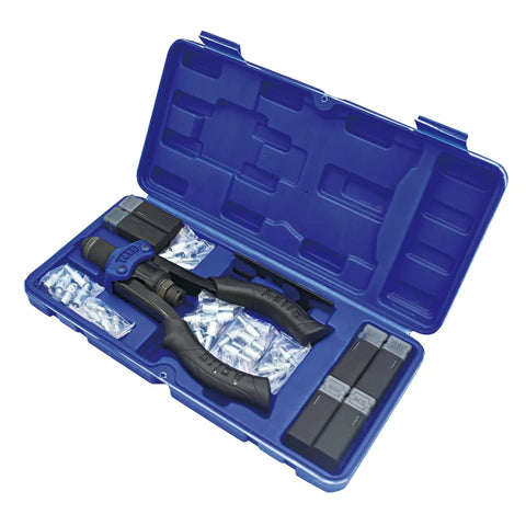 Rivet Nut Stud Setter Kit For Metal Projects with Metric and SAE options in a blue case showcasing tools and studs.
