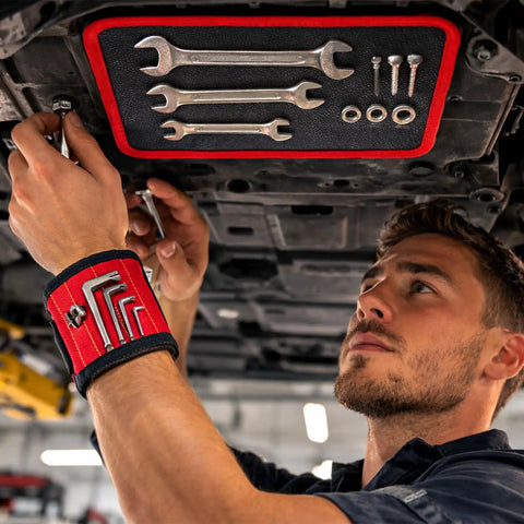 Mechanic using Heavy Duty Magnetic Tool Mat With Wristband And Flexible PVC Pad Non Slip Tool Holder Tray 40Lb Magnetic Parts Pads